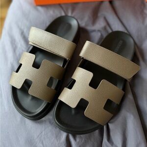 Hermes Chypre Sandals in Etoupe Epsom Size 37